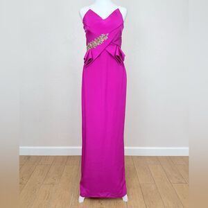 NWT Marchesa Notte Lipstick Pink Sculpted Silk Crepe Strapless Gown Maxi Dress 4